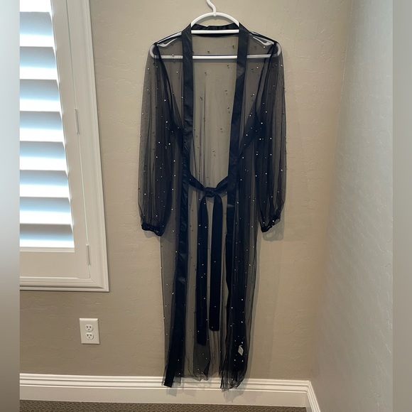 1 Left!  Black Tulle Open Front Duster Kimono w/Silver Beads - Picture 8 of 9